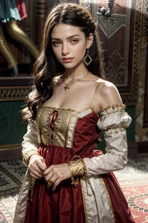 (realistic:1.3), finely detailed, quality, rembrandt lighting, (masterpiece:1.2), (photorealistic:1.2), (best quality), (detailed skin:1.3), (intricate details), dramatic, ray tracing, 1girl, italian girl, 21 years old, detailed skin texture, (blush:0.5), (goosebumps:0.5), subsurface scattering, smiling, medium breasts, long hair curls, parted bangs, earrings, necklace, red dress, gold trim, wearing edgRenaissance, edgRenaissance, cowboy shot, (bright sunny day), <lora:edgRenaissanceDress1:0.8>