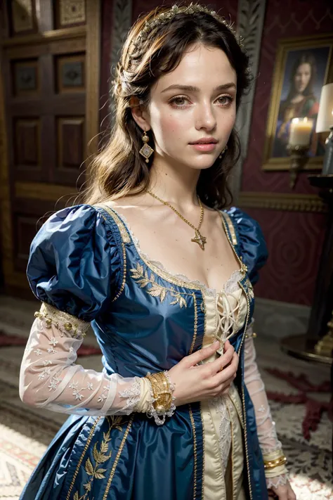 (realistic:1.3), finely detailed, quality, rembrandt lighting, (masterpiece:1.2), (photorealistic:1.2), (best quality), (detailed skin:1.3), (intricate details), dramatic, ray tracing, 1girl, italian girl, 21 years old, detailed skin texture, (blush:0.5), (goosebumps:0.5), subsurface scattering, smiling, medium breasts, long hair curls, parted bangs, earrings, necklace, jewelry, blue dress, gold embroidery, ribbons, puffy sleeves, wearing edgRenaissance, edgRenaissance, cowboy shot, (bright sunny day), <lora:edgRenaissanceDress1:0.8>