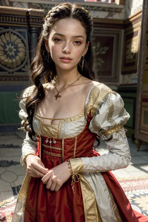 (realistic:1.3), finely detailed, quality, rembrandt lighting, (masterpiece:1.2), (photorealistic:1.2), (best quality), (detailed skin:1.3), (intricate details), dramatic, ray tracing, 1girl, italian girl, 21 years old, detailed skin texture, (blush:0.5), (goosebumps:0.5), subsurface scattering, smiling, medium breasts, long hair curls, parted bangs, earrings, necklace, red dress, gold trim, wearing edgRenaissance, edgRenaissance, cowboy shot, (bright sunny day), <lora:edgRenaissanceDress1:1>
