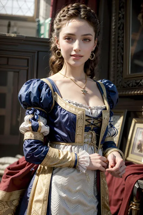 (Realisticity: 1.3), Fine, Quality, Rembrandt Lighting, (Masterpiece: 1.2), (Realisticity: 1.2), (Best Quality), (Skin Detail: 1.3), (Intricate Detail), Dramatic, Ray Tracing, 1girl, Eighteenth-century European Lady Costume, Gorgeous Costume, Confident Independent Beauty, Unique Glamour, Blonde, 21 years old, huge breasts, open chest, open collar, revealing most breasts, Elizabeth Swan, Pirates of the Caribbean