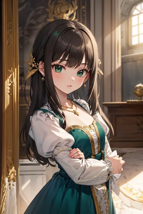 ((masterpiece)), (best quality), official art, extremely detailed CG, unity 8k wallpaper, ultra detailed,
1girl, rin shibuya, black hair, (green eyes:1.5), long hair, <lora:rinshibuyatest:1>,
green dress, golden embroidery, gold trim, puffy sleeves, frills,  
wearing edgRenaissance, earrings, necklace, jewelry, 
indoors, renaissance italian architecture, lavish aristocrat mansion, resplendent italian decorations,
<lora:edgRenaissanceDress1:0.8>