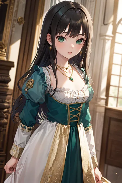 ((masterpiece)), (best quality), official art, extremely detailed CG, unity 8k wallpaper, ultra detailed,
1girl, rin shibuya, black hair, (green eyes:1.5), long hair, <lora:rinshibuyatest:1>,
green dress, golden embroidery, gold trim, puffy sleeves, frills,  
wearing edgRenaissance, earrings, necklace, jewelry, 
indoors, renaissance italian architecture, lavish aristocrat mansion, resplendent italian decorations,
<lora:edgRenaissanceDress1:0.8>