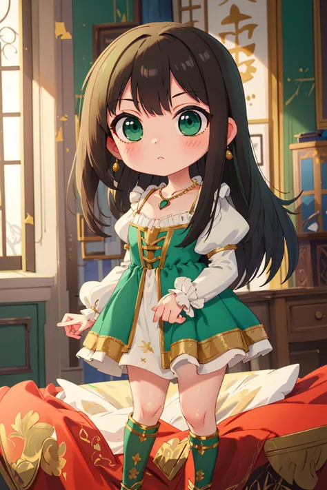 ((masterpiece)), (best quality), official art, extremely detailed CG, unity 8k wallpaper, ultra detailed,
1girl, rin shibuya, black hair, (green eyes:1.5), long hair, <lora:rinshibuyatest:1>, (chibi:1.4),
green dress, golden embroidery, gold trim, puffy sleeves, frills,
wearing edgRenaissance, earrings, necklace, jewelry,
indoors, renaissance italian architecture, lavish aristocrat mansion, resplendent italian decorations,
<lora:edgRenaissanceDress1:0.8>