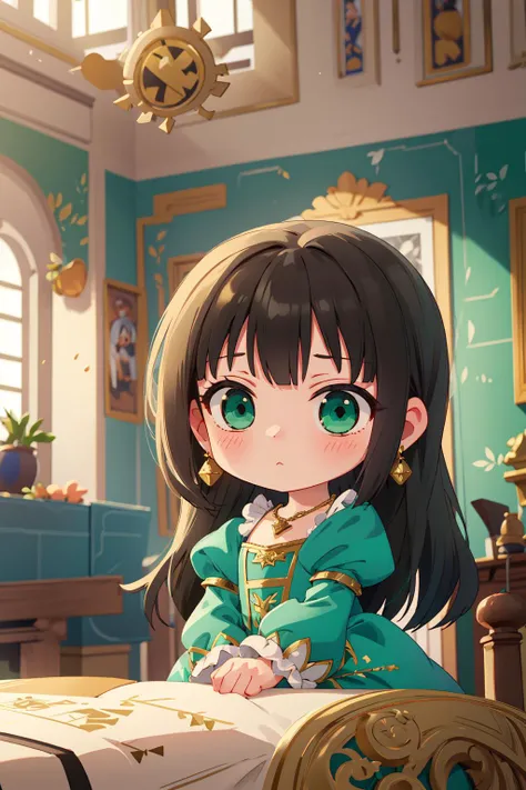 ((masterpiece)), (best quality), official art, extremely detailed CG, unity 8k wallpaper, ultra detailed,
1girl, rin shibuya, black hair, (green eyes:1.5), long hair, <lora:rinshibuyatest:1>, (chibi:1.4),
green dress, golden embroidery, gold trim, puffy sleeves, frills,
wearing edgRenaissance, earrings, necklace, jewelry,
indoors, renaissance italian architecture, lavish aristocrat mansion, resplendent italian decorations,
<lora:edgRenaissanceDress1:0.8>