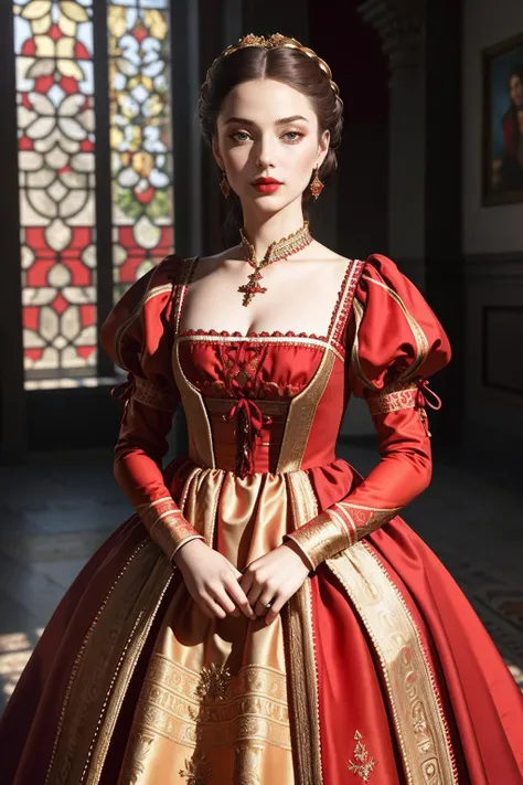 ((Masterpiece, best quality)), edgQuality,
edgRenaissance, a woman in a red dress with golden embroidery standing  ,wearing edgRenaissance
<lora:edgRenaissanceDress1:0.8>