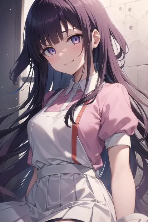mikantsumiki, <lora:mikantsumiki-lora-nochekaiser:1>,
mikan tsumiki, long hair, purple hair, (purple eyes:1.1), bangs, blunt bangs, smile, grin,
BREAK apron, bandaged leg, bandages, collared shirt, miniskirt, pink shirt, pleated skirt, puffy short sleeves, puffy sleeves, shirt, short sleeves, skirt, two-tone shirt, white apron, white shirt,
BREAK looking at viewer,
BREAK indoors,
BREAK <lyco:GoodHands-beta2:1>, (masterpiece:1.2), best quality, high resolution, unity 8k wallpaper, (illustration:0.8), (beautiful detailed eyes:1.6), extremely detailed face, perfect lighting, extremely detailed CG, (perfect hands, perfect anatomy),