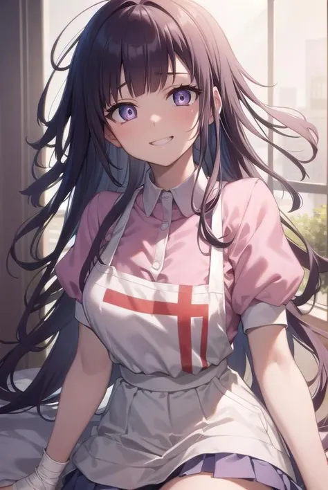 masterpiece, best quality, highres, large breasts, tmikan, purple hair, (brown eyes:1.2), long hair, messy hair, bandaged arm, bandaged leg, bandaid on knee, pink shirt, puffy short sleeves, white apron, pleated skirt, outdoors, looking up, closed mouth, sad, puppy eyes, heavy rain, night, holding umbrella, wet shirt,