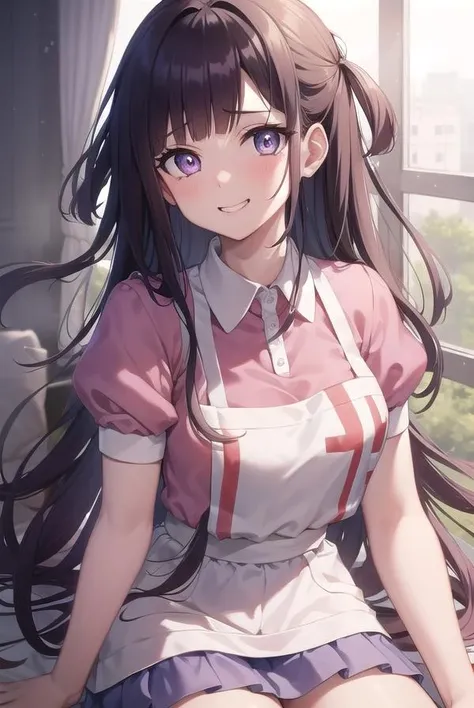 masterpiece, best quality, highres, large breasts, tmikan, purple hair, (brown eyes:1.2), long hair, messy hair, bandaged arm, bandaged leg, bandaid on knee, pink shirt, puffy short sleeves, white apron, pleated skirt, outdoors, looking up, closed mouth, sad, puppy eyes, heavy rain, night, holding umbrella, wet shirt,