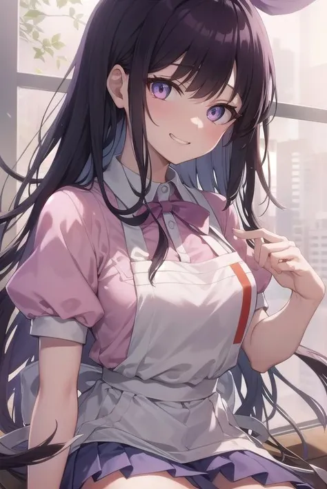 mikantsumiki, <lora:mikantsumiki-lora-nochekaiser:1>,
mikan tsumiki, long hair, purple hair, (purple eyes:1.1), bangs, blunt bangs, smile, grin,
BREAK apron, bandaged leg, bandages, collared shirt, miniskirt, pink shirt, pleated skirt, puffy short sleeves, puffy sleeves, shirt, short sleeves, skirt, two-tone shirt, white apron, white shirt,
BREAK looking at viewer,
BREAK indoors,
BREAK <lyco:GoodHands-beta2:1>, (masterpiece:1.2), best quality, high resolution, unity 8k wallpaper, (illustration:0.8), (beautiful detailed eyes:1.6), extremely detailed face, perfect lighting, extremely detailed CG, (perfect hands, perfect anatomy),