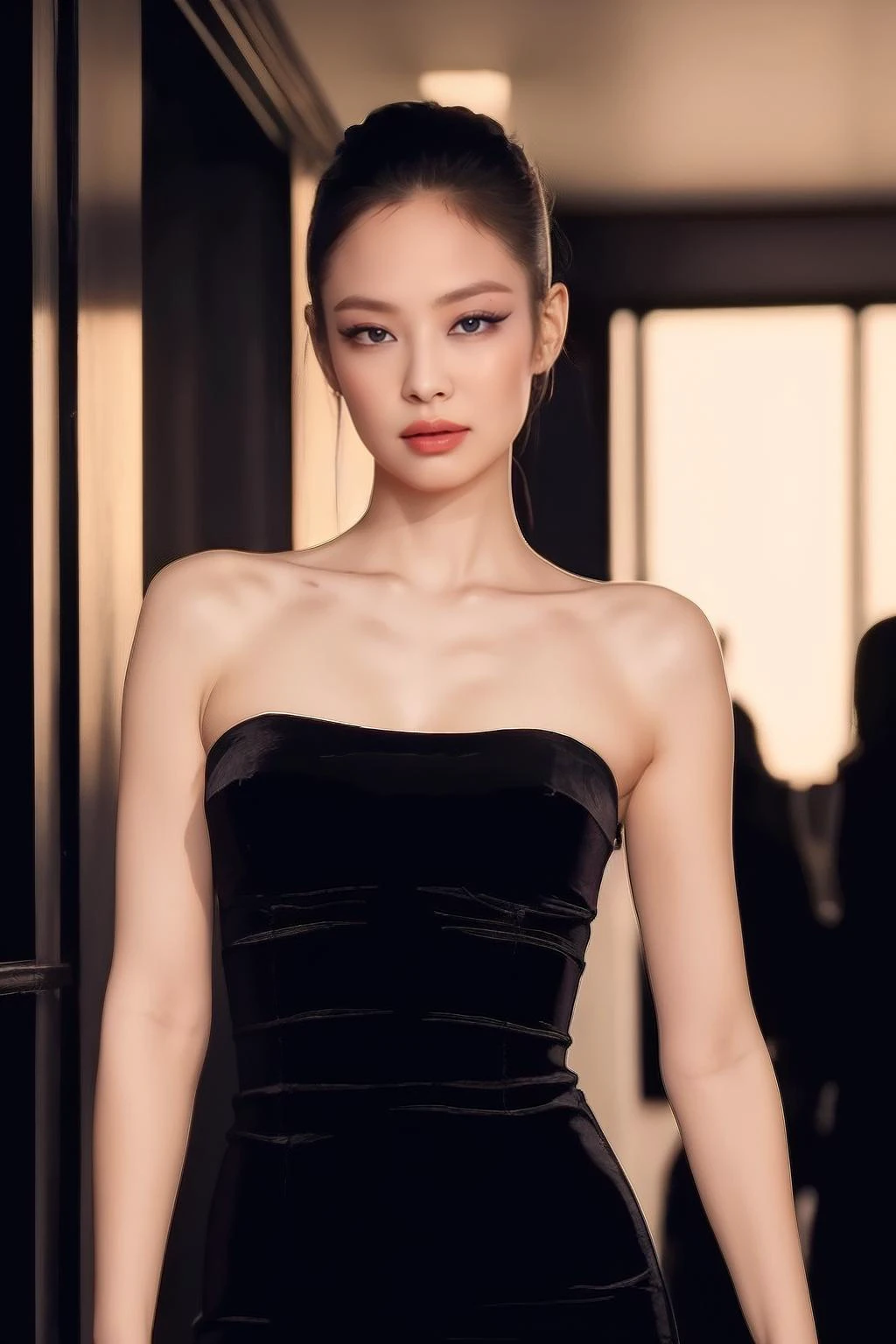 jennie1,1girl, solo, (realistic),(hyperrealism),(best quality),(masterpiece),(ultra high res),(photorealistic),(film grain),(upper body),eye makeup,detailed eyes,detailed face,black dress, posing for a photo, at the hallway <lora:jennieX:1>