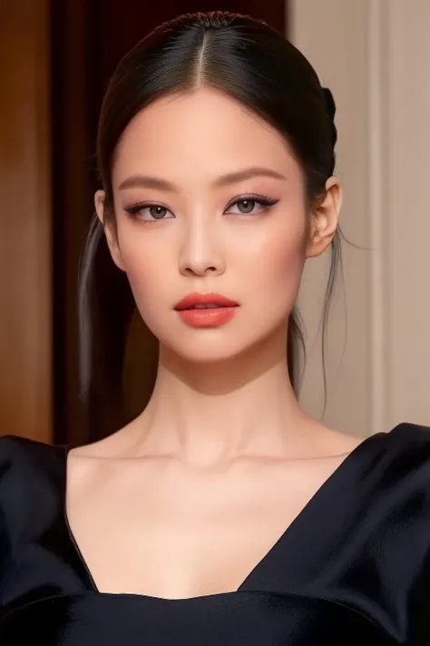 jennie1,1girl, solo, (realistic),(hyperrealism),(best quality),(masterpiece),(ultra high res),(photorealistic),(film grain),(upper body),eye makeup,detailed eyes,detailed face,black dress, posing for a photo, at the hallway <lora:jennieX:1>