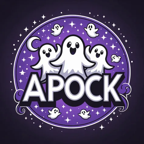 "Apock" text logo with ghosts, vector art, flat 2d color, <lora:Harrlogos_v2.0:0.5>
