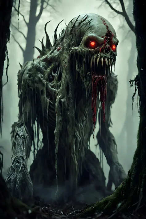 one of many different possible grotesque forest creatures resembling a giant slimy CheeseOnTopStyle ghost with eerie, glowing red eyes. The creature has a humanoid form, with skeletal hands and a gnarled, twisted body covered in moss and fungus and dripping with paint. The top of its head resembles a chostly spirit, with smaller CheeseOnTopStyle sprits sprouting from its body. The scene is set in a monolithic structure in a dense, foggy forest with towering trees and a green, mossy ground, giving a mysterious and eerie atmosphere. The creature looks both menacing and ancient, as if it is a guardian of the forest, photorealistic, amazing, intricate detail, extremely detailed, mushroom, fish, mechanical, water, flames, stranger things, animal, primal, screaming, blood, milk, magical energy, flowing skull, bones, cat, dog, mouse, bat, clouds, smoke, reptile, scales, fur
<lora:angryXL:0.7>
<lora:Bio-Luminescence:0.7>
<lora:CheeseOnTopStyleXL:0.7>
<lora:DreamARTSDXL:0.7>