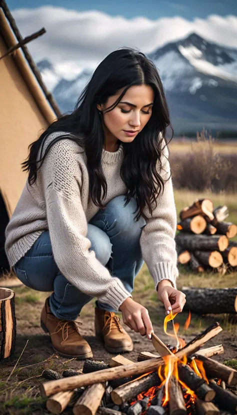 Highly detailed raw photo, beautiful woman bending over adding wood to a fire, long black hair, tan skin, knitted sweater, masterpiece, high resolution, HD, 8k, best quality, intricate, camping