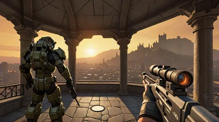 sushi, castle, city, ruins, first_person_shooter, holding_rifle, doom \(2016\), pov_hands, fps,, (masterpiece, best quality),