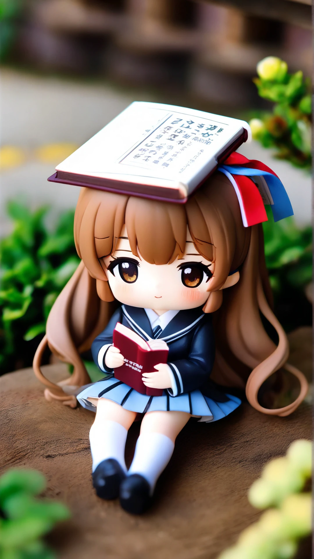 an pvc action figure of a lovely Japanese anime girl wearing high school uniform, sitting on the ground folded legs, in the garden, sunny, holding a book, brown long hairs with ribbon hair ornament, magezine cover with text reads "New Age", delicate details, best quality, photorealistic, popmart figure, miniature, chibi,