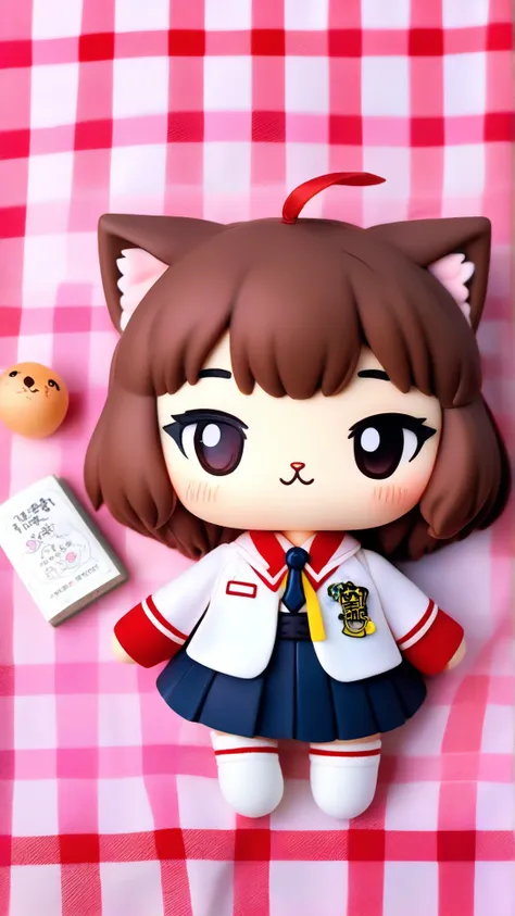 a pvc action figure of a lovely anime cat wearing high school uniform,round ball-shaped body,lying on bed,covered with soft quilt,holding a book,brown long hairs with ribbon hair ornament,magezine cover with text reads "New Age",delicate details,best quality,photorealistic,popmart figure,miniature,chibi,