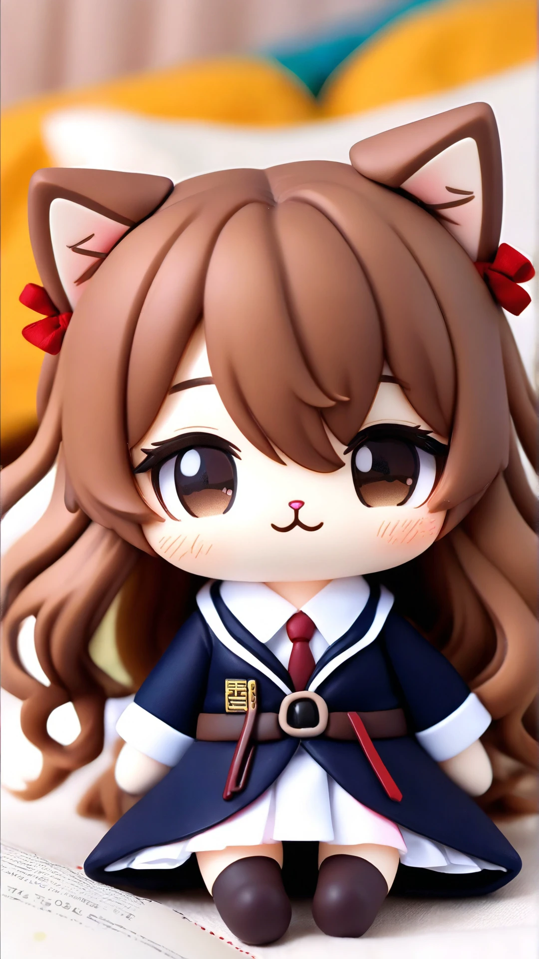 a pvc action figure of a lovely anime cat wearing high school uniform, round ball-shaped body, lying on bed, covered with soft quilt, holding a book, brown long hairs with ribbon hair ornament, magezine cover with text reads "New Age", delicate details, best quality, photorealistic, popmart figure, miniature, chibi,