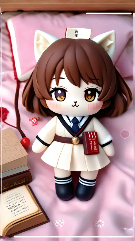 a pvc action figure of a lovely anime cat wearing high school uniform,round ball-shaped body,lying on bed,covered with soft quilt,holding a book,brown long hairs with ribbon hair ornament,magezine cover with text reads "New Age",delicate details,best quality,photorealistic,popmart figure,miniature,chibi,