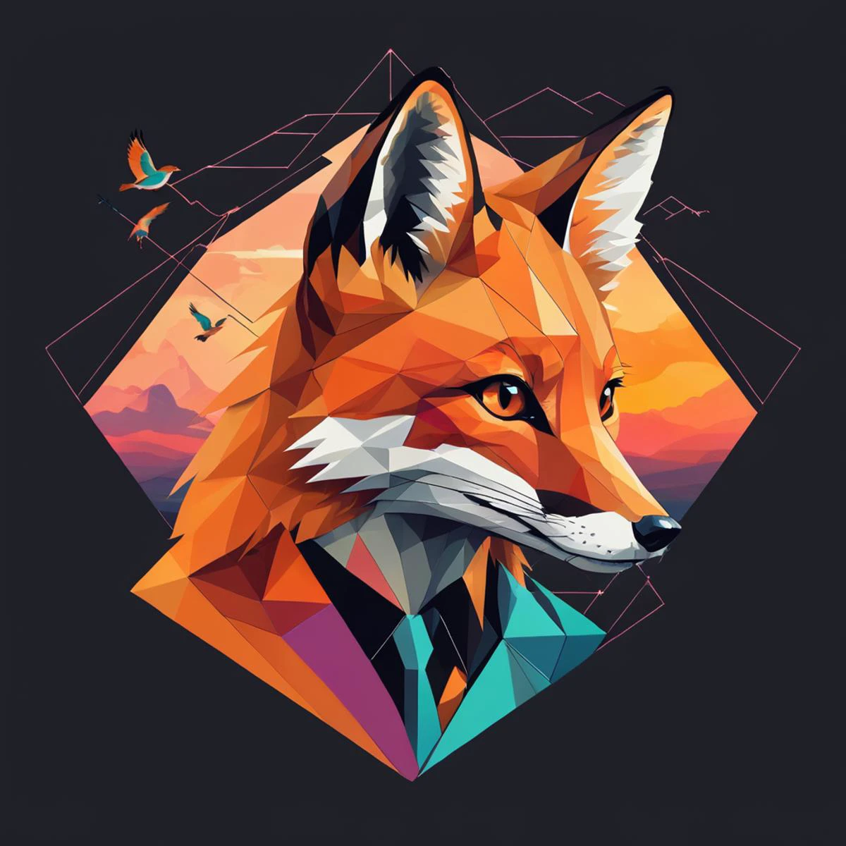 a majestic fox, in a minimalist geometric style, with cyberpunk colors clouds, birds in the background, Neil Gaiman, trending on artstation