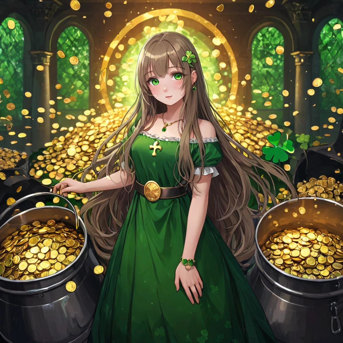 best quality,masterpiece,8k wallpaper,absurdres, highres, ultra detailed, (ung beautiful girl, solo:1.1),st patrick, pot of gold, dress,green <lora:cos:0.8> 1girl, solo, looking_at_viewer, long_hair, jewelry, hair_ornament