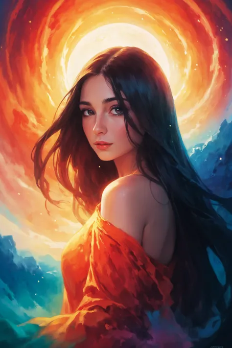 painted world, ((colorful splashes in the shape of a beautiful woman),m flawless, clean, masterpiece, professional artwork, famous artwork, cinematic lighting, cinematic bloom, background focus, ), long flowing hair,upper body portrait ,(((eternal force))), (surreal environment:1.3), <lora:Painted World:.6>