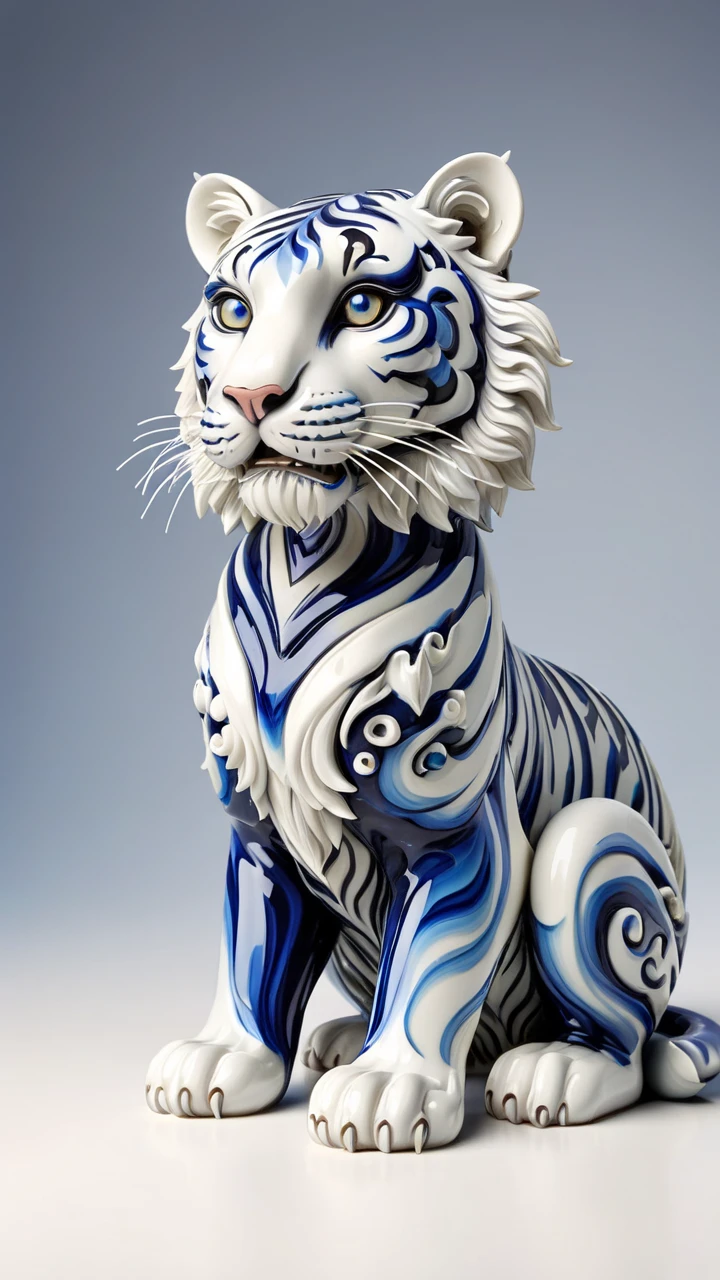 Movie Style, the cutest blue and white porcelain, cultural relic in the world, tiger in blue and white porcelain style, cultural relic,white background, 3d printed, hdr, 8k, intricate details, cinematic light, sharp focus, vibrant color scheme, atmospheric perspective, <lora:ral-varnish:0.8>