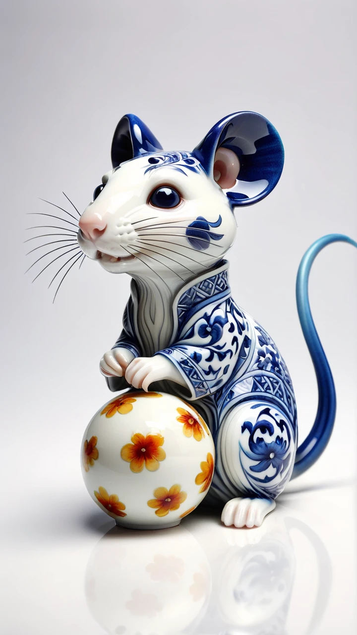 Movie Style, the cutest blue and white porcelain, cultural relic in the world, rat in blue and white porcelain style, cultural relic,white background, 3d printed, hdr, 8k, intricate details, cinematic light, sharp focus, vibrant color scheme, atmospheric perspective, <lora:ral-varnish:0.8>