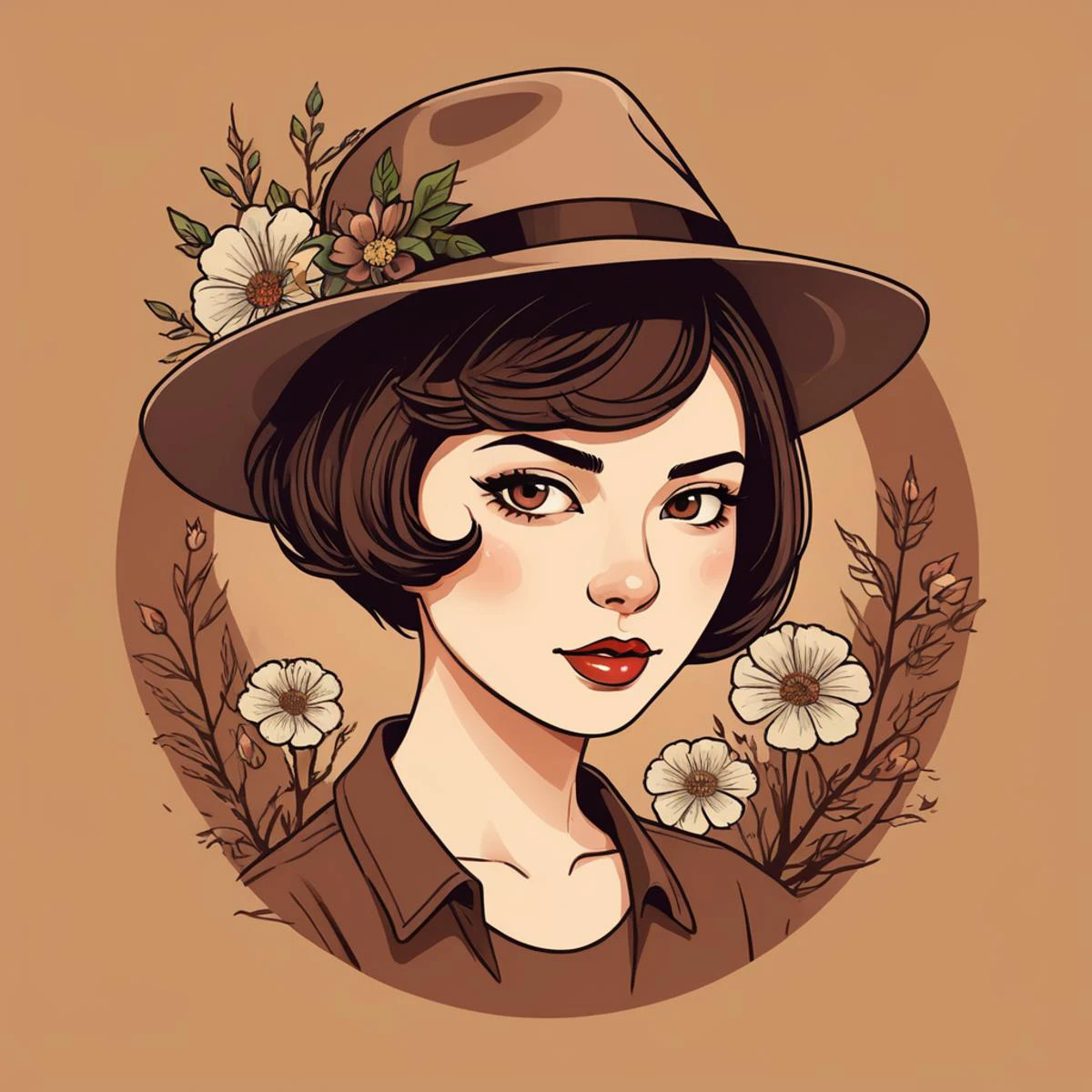 illustration of women short hair with a hat, retro logo women face on brown background, vector Illustration by Tooth Wu, wlop, twisted and twisted, flowers and trees, trending on artstation, cgsociety, librarian