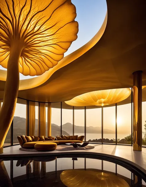 Luxury villa, Deep shadows, Golden glow, Engineered muscles, Ethereal glow, Dynamic contrast, Mystical fungi, Imaginative creation, Futuristic organism