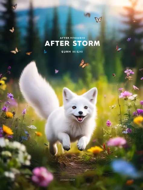 long exposure photo of blurry foreground with text "After Storm", movie poster,
a cute little white fox hopping happily in the woods, among colorful wild flowers, cheerful, laugh, open mouth, butterflies around, in the wild, outdoors, sunny, rainbow high in the sky, . Blurred motion, streaks of light, surreal, dreamy, ghosting effect, highly detailed
