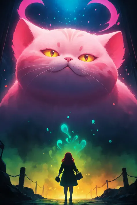 painted world, ((colorful splashes in the shape of a chubby cat),m flawless, clean, masterpiece, professional artwork, famous artwork, cinematic lighting, cinematic bloom, background focus, ),(((lovecraftian))), (surreal environment:1.3), <lora:Painted World:.35> and a woman like::: 1 by DALL, rvnpc painter, Trending on ArtStation hd