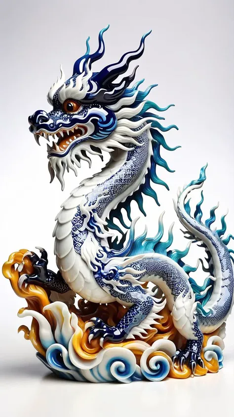 Style, the cutest blue and white porcelain, cultural relic in the world, Dragon in blue and white porcelain style, cultural relic,white background, 3d printed, hdr, 8k, intricate details, cinematic light, sharp focus, vibrant color scheme, atmospheric perspective, <lora:ral-varnish:0.8>