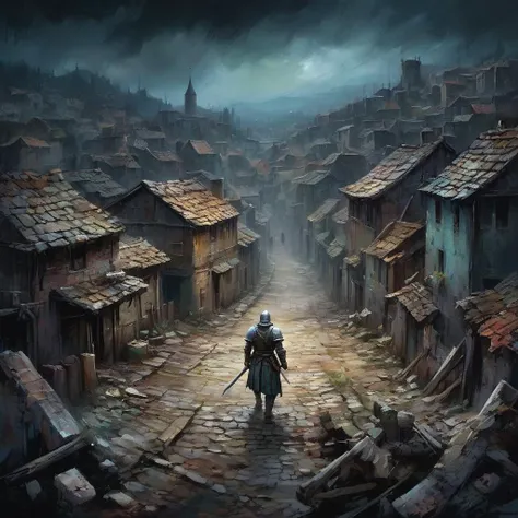 (((oil pastel sticks painting, hand-painted, rough pigment, rugged pigment, visible texture of grated and spread pastel, pressed pastel and thick coating create a strong three-dimensional effect))),colorless,
scenery of a desolated small town shot from top view, a knight alone fighting against a group of zombia, western medieval style, minimalism, trending on artstation, misery atmosphere,