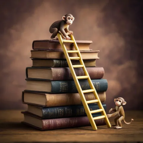 still photography, object photography, miniature world, a long ladder towards the top of a pile of books on the desk,
a cute little monkey climbing the ladder