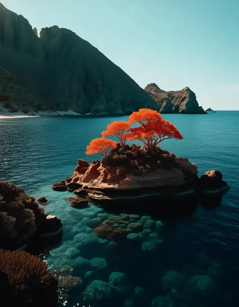 cinematic still Floating islands, Chromatic vibrancy, Scorching surface, Shimmering waves, Precision crafted, Dimensional layers, Tiny adventurer, Mysterious aura, Coral fragments . emotional, harmonious, vignette, 4k epic detailed, shot on kodak, 35mm photo, sharp focus, high budget, cinemascope, moody, epic, gorgeous, film grain, grainy