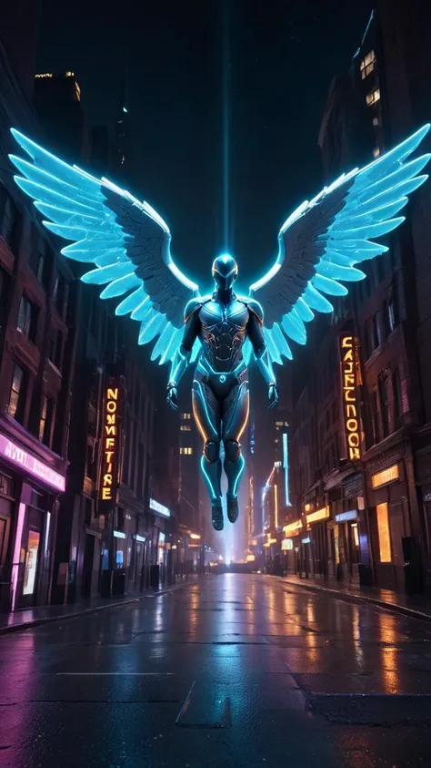 cinematic film still, realism, realistic photography of a fallen angel, surrounded by glowing kinetic magic, full body shot, posing for a photoshoot, time-traveling cityscape with buildings from different eras, intricate details, ultra sharp, <lora:Channel_42:1> *Channel_42* , *Station_42*, *Neon* , *Spaceship*