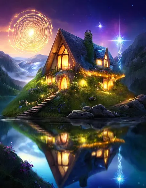 Gleaming reflections, Enigmatic expression, Hillside home, Fairy dwelling, Energy surge, Shimmering depths, Glowing rope, Stellar energy