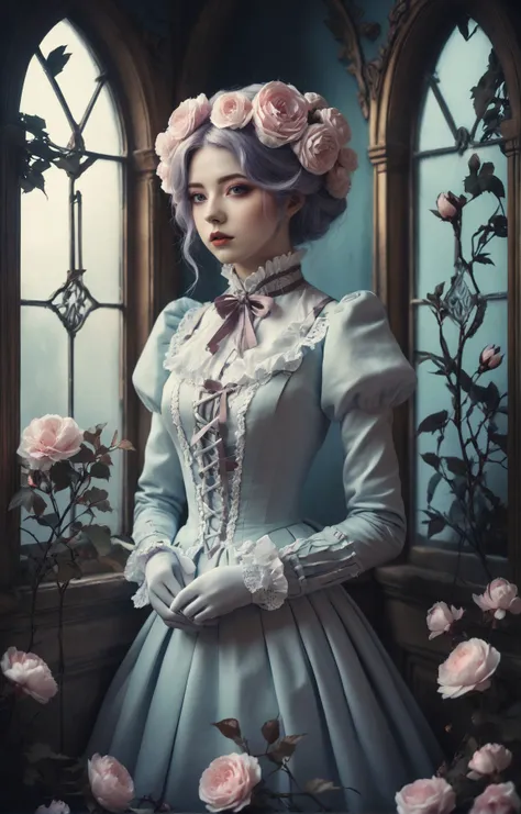 Surrealism, cosplay photo, Victorian aesthetic, pastel colors, stunning background. dark and moody, a mesmerizing blend of light and shadow. masterpiece, absurdres, intricate details, expressive, dramatic, organic lines and forms, dreamlike, mysterious, Surrealism