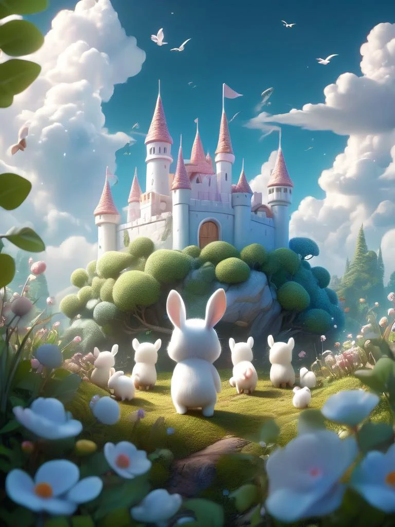 A cute 3D cartoon illustration, foreground with close-up of the back of cute little animals in bush, the background is a white castle surrounded by clouds in the sky, with light spakles, bright light, minimalist, low-angle, soft and beautiful, fantasy, dreamy environment, soft color rendering, 3D, Pixar style, dreamy light,, soft and beautiful,light reflection,ultra-clear,award-winning works,trending on ArtStation,trending on CGSociety,intricate,sharp focus,dramatic,art by midjourney and greg rutkowski,