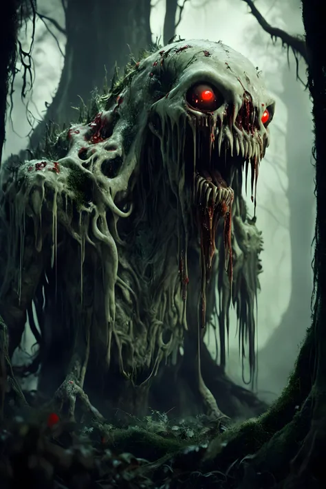 one of many different possible grotesque forest creatures resembling a giant slimy CheeseOnTopStyle ghost with eerie, glowing red eyes. The creature has a humanoid form, with skeletal hands and a gnarled, twisted body covered in moss and fungus and dripping with paint. The top of its head resembles a chostly spirit, with smaller CheeseOnTopStyle sprits sprouting from its body. The scene is set in a monolithic structure in a dense, foggy forest with towering trees and a green, mossy ground, giving a mysterious and eerie atmosphere. The creature looks both menacing and ancient, as if it is a guardian of the forest, photorealistic, amazing, intricate detail, extremely detailed, mushroom, fish, mechanical, water, flames, stranger things, animal, primal, screaming, blood, milk, magical energy, flowing skull, bones, cat, dog, mouse, bat, clouds, smoke, reptile, scales, fur
<lora:angryXL:0.7>
<lora:Bio-Luminescence:0.7>
<lora:CheeseOnTopStyleXL:0.7>
<lora:DreamARTSDXL:0.7>