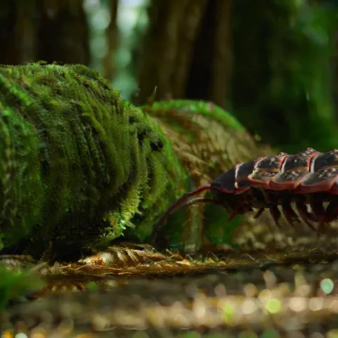 Prehistoric, giant millipede, arthropod, segmented, many-legged, elongated, dark-colored, scaly, forest floor, ferns, greenery, undergrowth, jungle, damp, humid, Carboniferous, ancient, predator, invertebrate, terrestrial, crawling, armored, camouflaged, primitive, tropical, leaf litter, shadowy, mossy, earthy, woodland