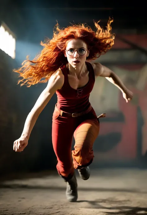 cinematic, realistic, photorealistic, score_8_up, score_9, score_8_up score_7_ up, sharp, hyperdetailed, hyperrealistic, textured skin BREAK,Scarlett Morales: A daring stuntwoman and adrenaline junkie, Scarlett's fiery personality matches her fiery red hair. Known for her fearlessness and daring acrobatics, she performs jaw-dropping feats in a traveling circus. Behind the fearless façade, she struggles with her past and a fear of failure, determined to prove herself as the best in her field. ,running start, character leans forward with one foot back, poised for a sprint , in dungeon background , wide angle, dutch angle, perfecd body proportions <lora:43stl1ght1ngXLP2:1> 43stl1ght1ng, low light, dramatic lighting, glasses, detailed hands, zPDXL