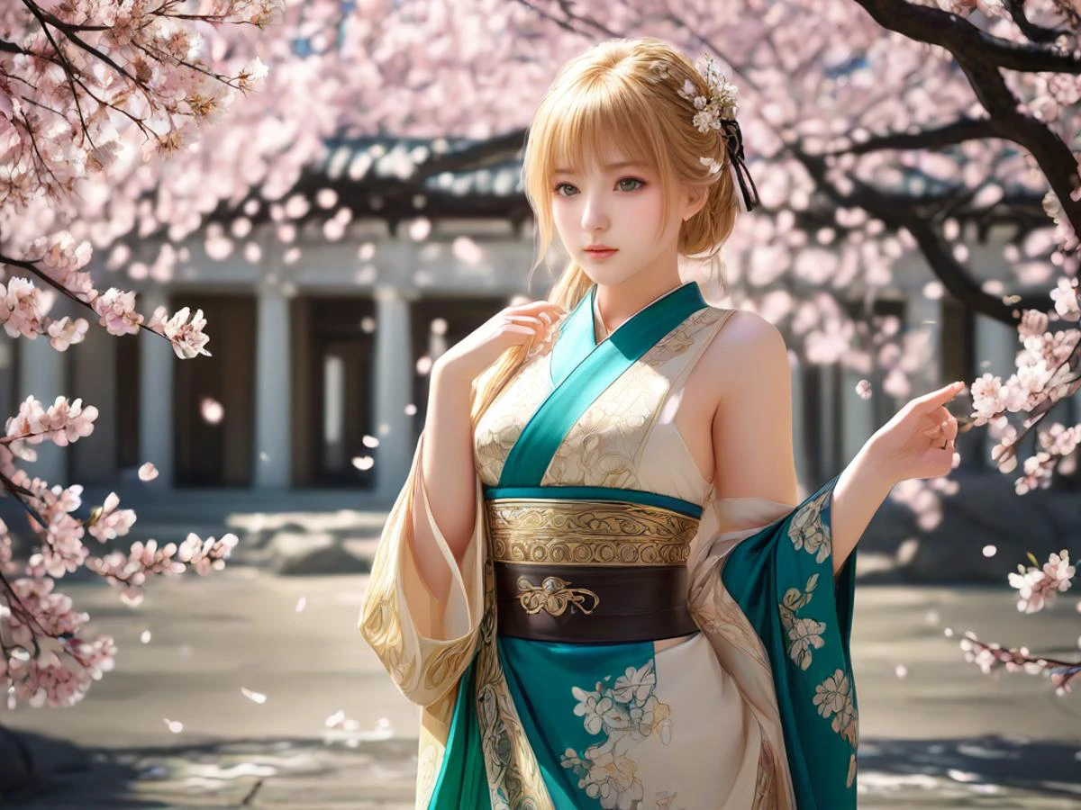 8k, best quality, sharp image, (photo realistic:1.37), real picture, raw photo, intricate details, ultra-detailed, hyper detailed eyes, detailed skin with a flawless texture delicate and refined, ultra highres, depth field, masterpiece, extremely detailed,
<lora:extremely_detailed:5>,
(0.3 :: (full-body shot) :1.3), straight-on shot , from below ,
(1girl, sophitia, <lora:Sophitia_XL:0.7>, an extremely beautiful 25-year-old caucasian woman, blonde hair, green eyes, long hair, (low-tied_long_hair:1.3), tied with a blue_hair_ribbon , shiny skin, flawless skin, fair skin, <lora:breasts_slider_v2:-3>, cleavage, voluptuous, thick thighs, jewelry, wedding ring, light blush, solo) ,<lora:ClearHand-V2:1.5>, <lora:ALTXL_001_4:1>,
covered nipples obviously protruding through clothing, sweat, seduction, nsfw,
(wearing (shoulder pads, armor, armored dress, blue dress, short capelet, collar, necktie, leather belt, pantyhose, elbow gloves, black pantyhose, cloth boots), (taking a sword in right hand and a small shield in left hand)),
(0.075 :: (cherry blossom petals:1.4), elegant updo with blossoms, (traditional kimono:1.3), strolling through a blossoming sakura grove, (gentle breeze:1.3), petals swirling around her, (tranquil expression:1.4), the fleeting beauty of springtime, (serene atmosphere:1.3), soft sunlight filtering through branches, (timeless grace:1.4):1.3),
daytime ,
Ancient Greek temple ,
<lora:LCMTurboMix_Euler_A_fix:1>