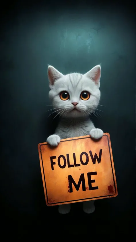 Cute  cat with huge eyes, sad eyes, holding a Flat lay mockup of [a futuristic metal sign] (with text " [Follow me]:1.3)" ,background with [strange geometric shapes and colors, glowing], flatlay photography style, minimalistic design, professional studio lighting, overhead shot from above, hyper-realistic (Horror, blood, dark:1.5),( Movie Artwork, Cinematic:1.3)
(<lora:text2:1.3>:) (text:"Follow me":1.3)
award winning artwork,
many details, extreme detailed, full of details,
Wide range of colors., Dramatic,Dynamic,Cinematic,Sharp details
Insane quality. Insane resolution. Insane details. Masterpiece. 32k resolution.
<lora:add-detail-xl:0.85>  <lora:sss:0.4>sss, translucent, subsurface scattering
<lora:MJ52:0.35>
<lora:ral-pxlprtcl:0.15> ral-pxlprtcl
<lora:xl_more_art-full_v1:0.75>
<lora:zavy-cntrst-sdxl:0.3> dark, chiaroscuro, low-key