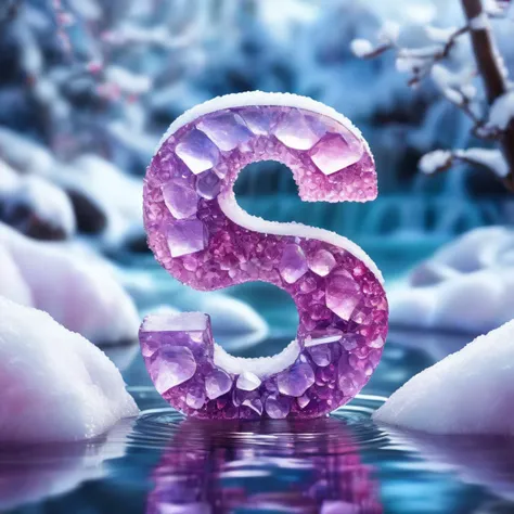 artwork in the shape of letter "S", made of pink and purple crystal, delicate and glossy shiny texture, super cute, candy color, natural lighting, standing up in a stream, surrouned by water and snow, outdoors, winter,