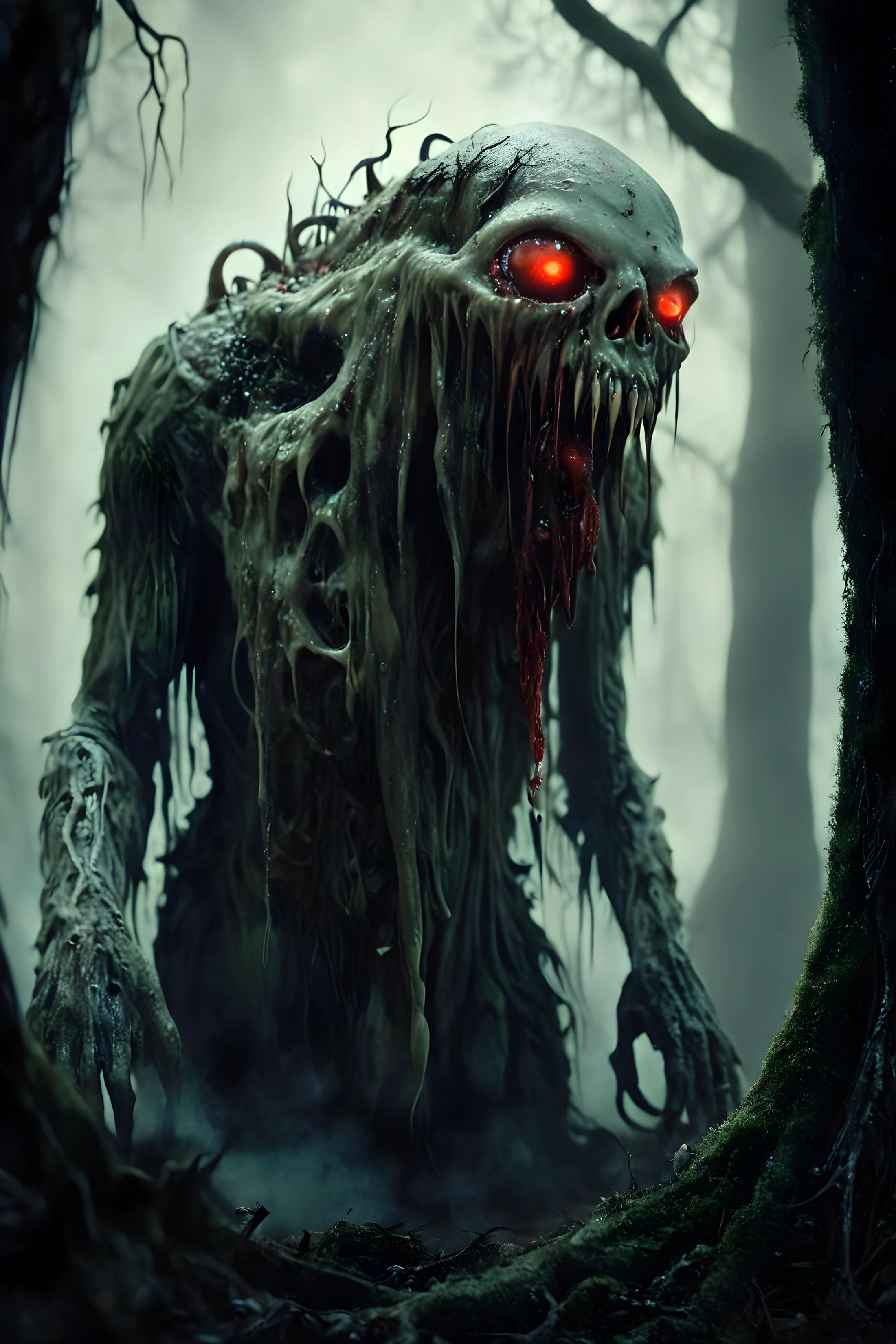 one of many different possible grotesque forest creatures resembling a giant slimy CheeseOnTopStyle ghost with eerie, glowing red eyes. The creature has a humanoid form, with skeletal hands and a gnarled, twisted body covered in moss and fungus and dripping with paint. The top of its head resembles a chostly spirit, with smaller CheeseOnTopStyle sprits sprouting from its body. The scene is set in a monolithic structure in a dense, foggy forest with towering trees and a green, mossy ground, giving a mysterious and eerie atmosphere. The creature looks both menacing and ancient, as if it is a guardian of the forest, photorealistic, amazing, intricate detail, extremely detailed, mushroom, fish, mechanical, water, flames, stranger things, animal, primal, screaming, blood, milk, magical energy, flowing skull, bones, cat, dog, mouse, bat, clouds, smoke, reptile, scales, fur
<lora:angryXL:0.7>
<lora:Bio-Luminescence:0.7>
<lora:CheeseOnTopStyleXL:0.7>
<lora:DreamARTSDXL:0.7>