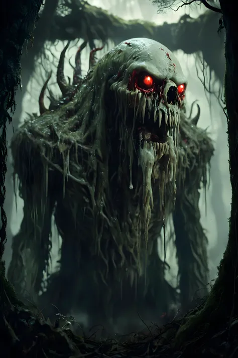 one of many different possible grotesque forest creatures resembling a giant slimy CheeseOnTopStyle ghost with eerie, glowing red eyes. The creature has a humanoid form, with skeletal hands and a gnarled, twisted body covered in moss and fungus and dripping with paint. The top of its head resembles a chostly spirit, with smaller CheeseOnTopStyle sprits sprouting from its body. The scene is set in a monolithic structure in a dense, foggy forest with towering trees and a green, mossy ground, giving a mysterious and eerie atmosphere. The creature looks both menacing and ancient, as if it is a guardian of the forest, photorealistic, amazing, intricate detail, extremely detailed, mushroom, fish, mechanical, water, flames, stranger things, animal, primal, screaming, blood, milk, magical energy, flowing skull, bones, cat, dog, mouse, bat, clouds, smoke, reptile, scales, fur
<lora:angryXL:0.7>
<lora:Bio-Luminescence:0.7>
<lora:CheeseOnTopStyleXL:0.7>
<lora:DreamARTSDXL:0.7>