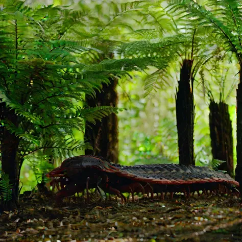 Prehistoric, giant millipede, arthropod, segmented, many-legged, elongated, dark-colored, scaly, forest floor, ferns, greenery, undergrowth, jungle, damp, humid, Carboniferous, ancient, predator, invertebrate, terrestrial, crawling, armored, camouflaged, primitive, tropical, leaf litter, shadowy, mossy, earthy, woodland