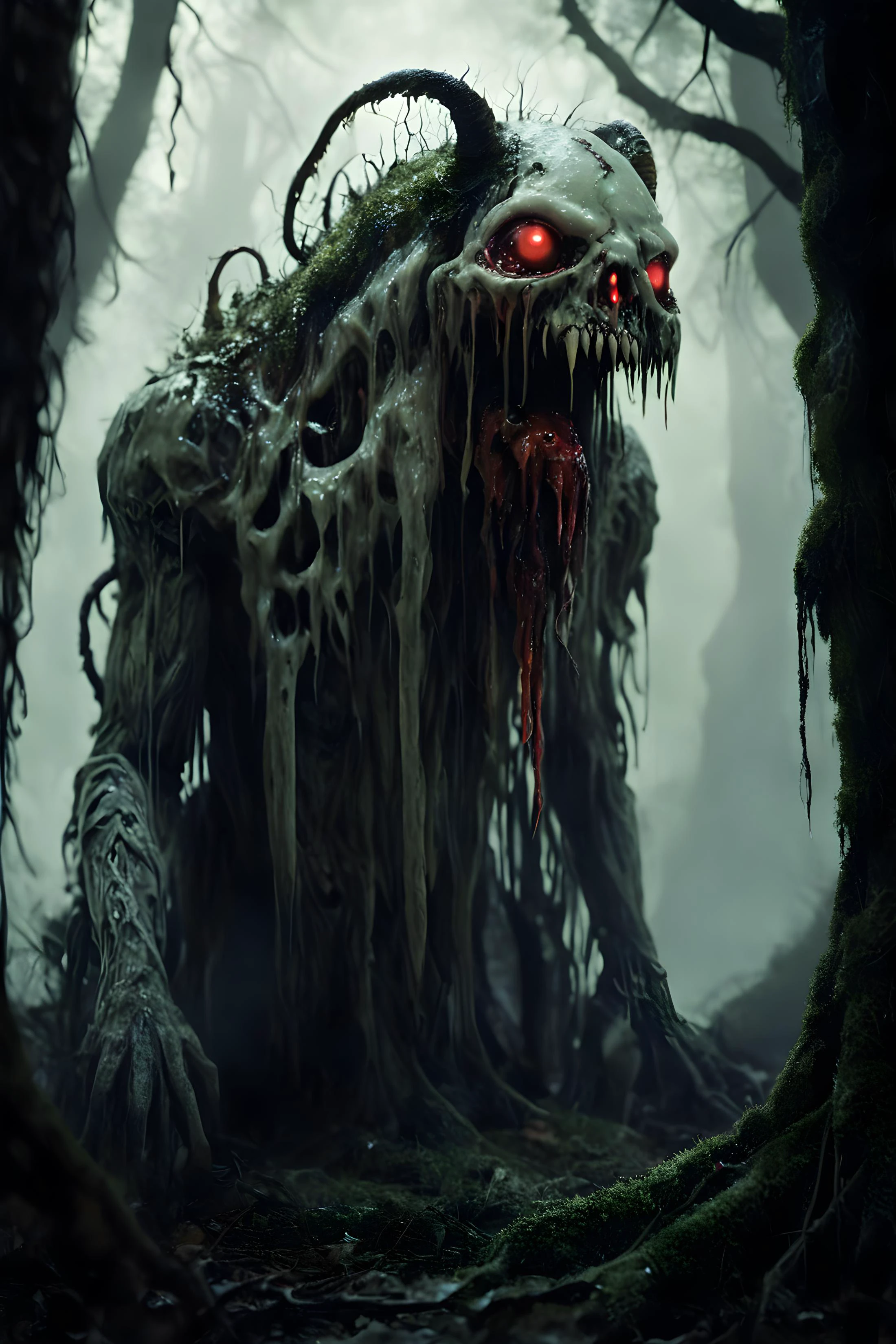 one of many different possible grotesque forest creatures resembling a giant slimy CheeseOnTopStyle ghost with eerie, glowing red eyes. The creature has a humanoid form, with skeletal hands and a gnarled, twisted body covered in moss and fungus and dripping with paint. The top of its head resembles a chostly spirit, with smaller CheeseOnTopStyle sprits sprouting from its body. The scene is set in a monolithic structure in a dense, foggy forest with towering trees and a green, mossy ground, giving a mysterious and eerie atmosphere. The creature looks both menacing and ancient, as if it is a guardian of the forest, photorealistic, amazing, intricate detail, extremely detailed, mushroom, fish, mechanical, water, flames, stranger things, animal, primal, screaming, blood, milk, magical energy, flowing skull, bones, cat, dog, mouse, bat, clouds, smoke, reptile, scales, fur
<lora:angryXL:0.7>
<lora:Bio-Luminescence:0.7>
<lora:CheeseOnTopStyleXL:0.7>
<lora:DreamARTSDXL:0.7>